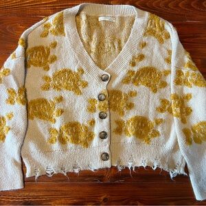 Anthropologie Cream and Gold Patterned Cardigan